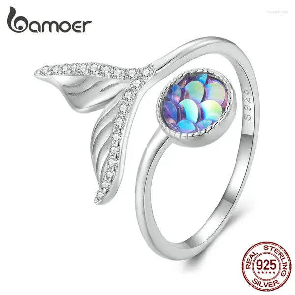 Anéis de Cluster Bamoer 925 Sterling Silver Sereia Fishtail Anel de Abertura Colorido Escalas de Peixe Ajustável para Mulheres Jóias Finas