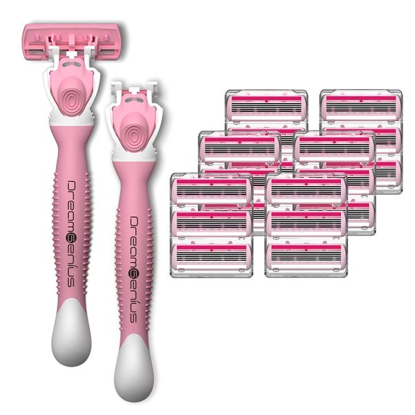 DreamGenius Rasoi da Barba per Donna,6 Lame Include 2 Manici e 19 ricariche,Confezione Rasoio Conveniente, Trasporto da Viaggio Antiscivolo,Rosa