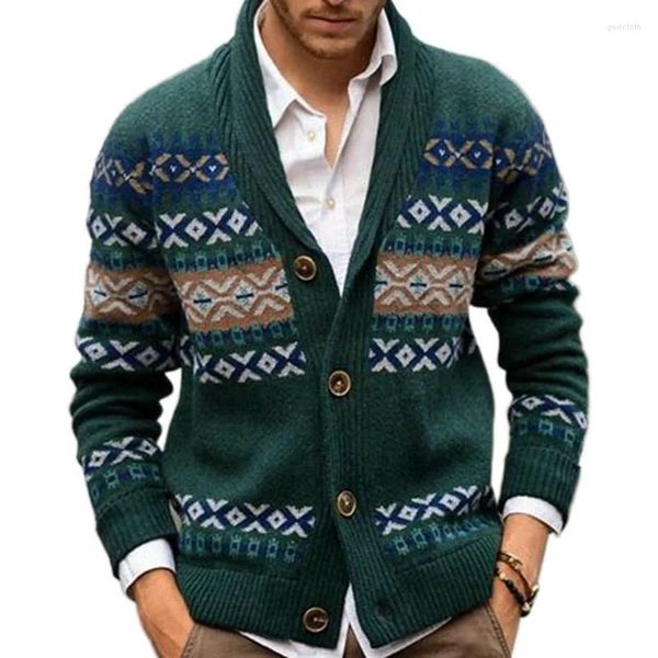 Herrenjacken Herbst und Winter Herrenpullover Strickjacke Revers Langarm Jacquard Grüner Mantel