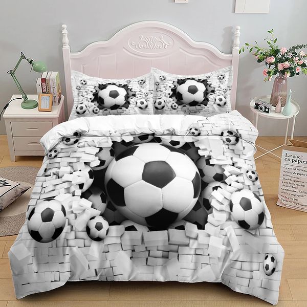 Conjunto de capa de edredom de futebol 3D futebol impresso meninos adolescentes roupa de cama tema esportivo duplo queen king size 23 peças edredom 240131