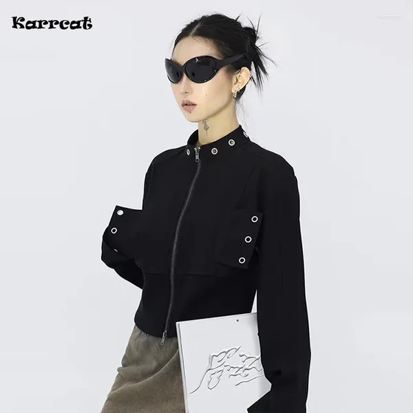 Damenjacken Karrcat Grunge Ästhetische Kurzjacke Cyber Y2k Schwarzer Mantel Koreanische Mode Kurze Oberbekleidung Amerikanisches Retro-Reißverschluss-Sweatshirt