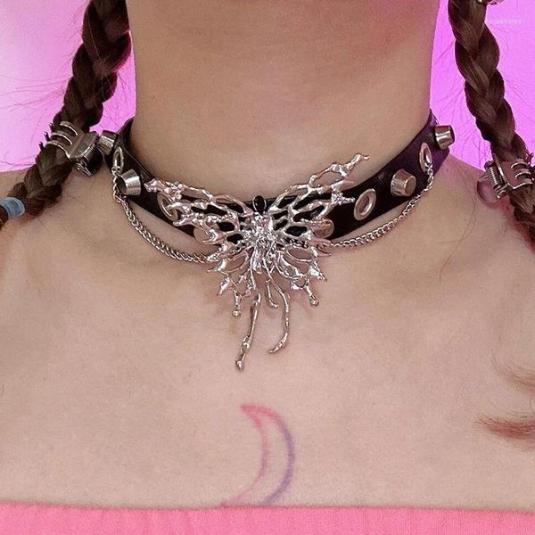 Pingente colares punk estética couro borboleta gargantilha sexy acessórios legal colar para mulheres goth egirl grunge rock