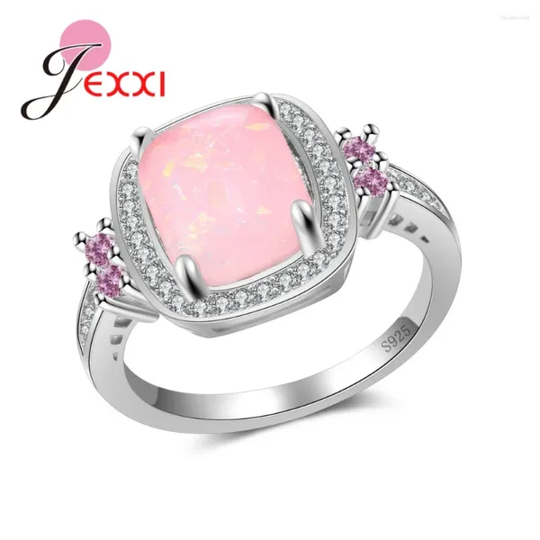 Anéis de cluster moda rápida mulheres feminino rosa opala pedra com cristal real 925 prata esterlina casamento banda anillos