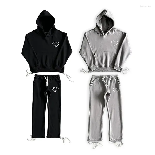 Tute da uomo Felpe con cappuccio da uomo / donna Pantaloni lunghi Set Abbigliamento sportivo da strada di alta qualità Cotone di qualità Autunno Inverno Abbigliamento Grigio Nero