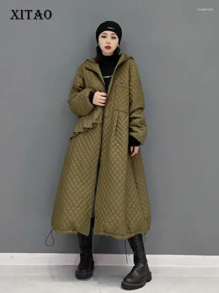 Trench da donna XITAO con cappuccio Parka Tinta unita Lungo di grandi dimensioni Reticolo di diamanti Cerniera A-line Moda Vintage Tutto-fiammifero Mantieni al caldo