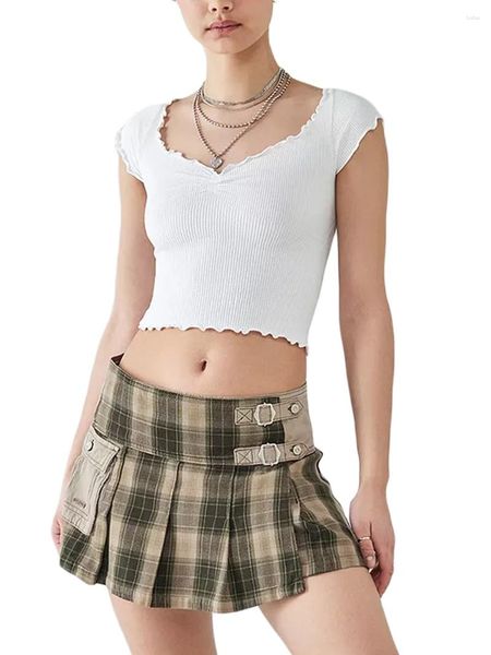 Женские футболки Mxiqqpltky, укороченный топ с короткими рукавами для женщин, базовая ребристая укороченная футболка с V-образным вырезом и отделкой салата, облегающая укороченная футболка, эстетичная детская