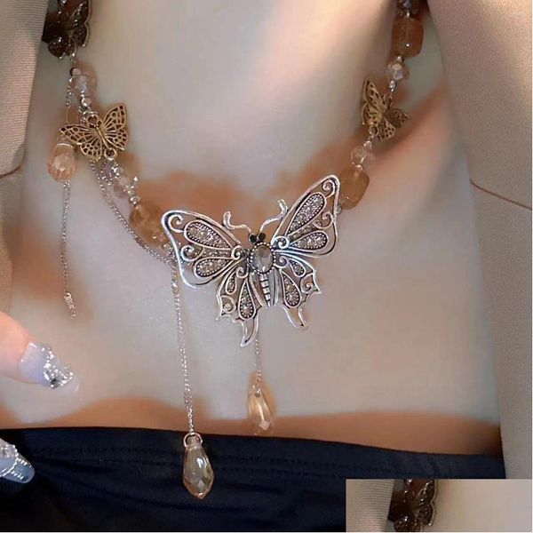 Chokers Choker Vintage Schmetterling Quaste Perlen Halskette für Frauen Punk Dark Cool Charm Ästhetik Y2K Schlüsselbein Kette Ethnische Zubehör Dh8Vt