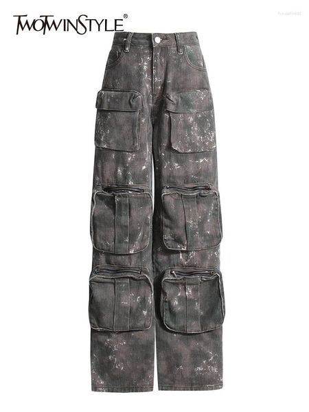 Jeans da donna TWOTWINSTYLE Denim Pantaloni cargo larghi per le donne Vita alta Patchwork Tasca Casual Camouflage Moda femminile Autunno 2024