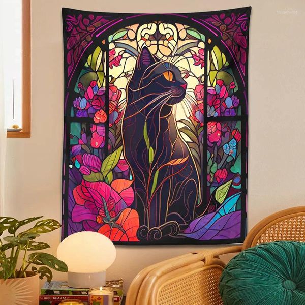 Tapeçarias mistério gato tapeçaria parede pendurado vitral floral arte impressão bonito decoração amantes presente boho casa quarto