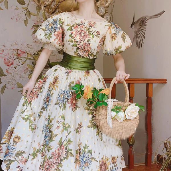 Платья летние винтажные платье принцессы женщина ретро королевское принт цветочный рукав кружев