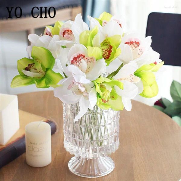 Flores decorativas 6pcs Orquídea plástica buquê artificial branco Big Faux FaUX Home Decoration Wedding Party DIY DIY DIY FLOR AZUL