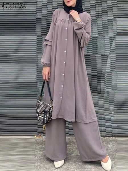 Ethnische Kleidung ZANZEA Mode Türkei Muslimischen Sets Frau Langarm Tops Breite Bein Hosen 2 stücke Herbst Vintage Islamischen Casual Trainingsanzüge