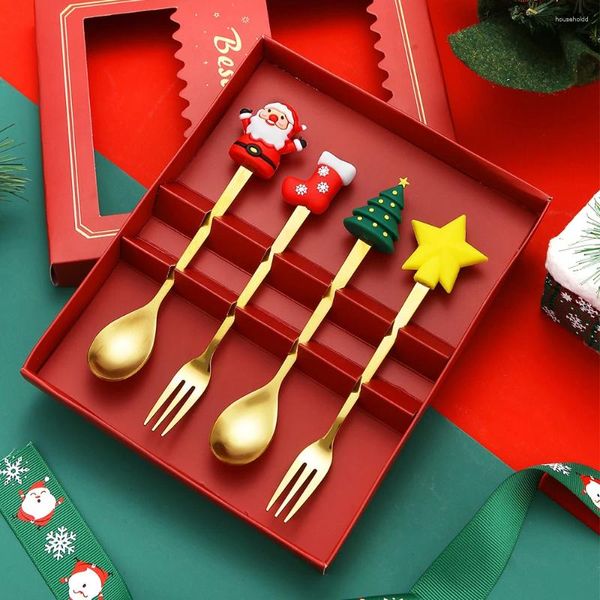 Set di stoviglie 4 pezzi Decorazioni natalizie per la casa Decorazioni per la tavola Cucchiaini da caffè in acciaio Albero di Natale Anno 2024 Regali Navidad