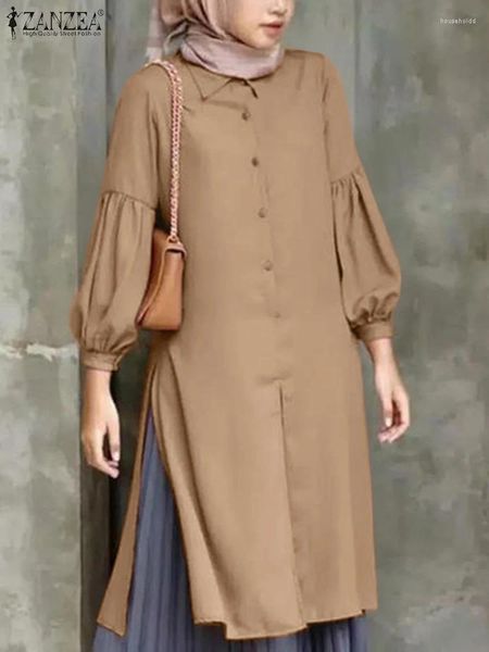 Этническая одежда ZANZEA, женская осенняя блузка с лацканами и пышными рукавами, повседневная мусульманская блузка с разрезом подол, хиджаб, исламская мода, однотонная длинная рубашка
