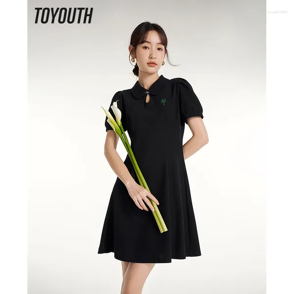 Partykleider Toyouth Frauen Kleid 2024 Sommer Puffärmel Polo-Ausschnitt A-Form Tröpfchenförmige Aushöhlung Chinesischen Stil Chic Midirock