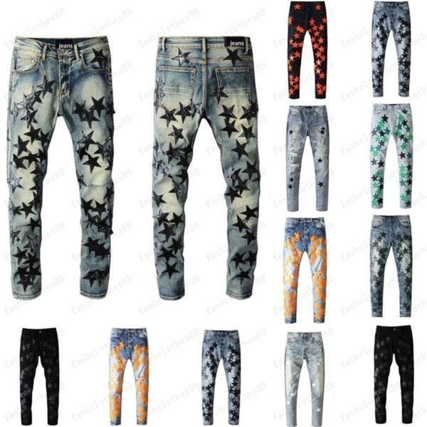 Zerrissene Herrenjeans, schmale Passform, schmale Herrenhose, orangefarbener Sternaufnäher, tragbar, Biker, dehnbar, Biker, trendig, lang, gerade, Hip-Hop, mit Löchern, blau