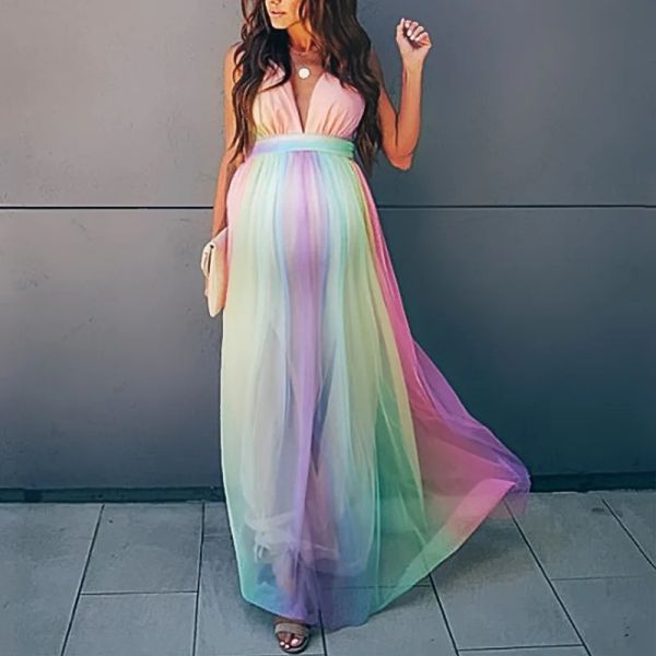 Vestidos sexy arco-íris tule vestidos de maternidade para fotografia longa gravidez sessão de fotos prop para chuveiros de bebê mulheres grávidas maxi vestido