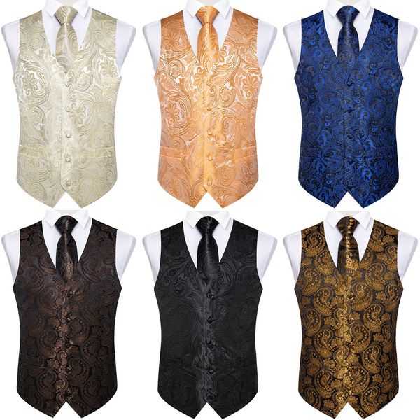 Marca de moda bege colete masculino luxo negócios gravata preto paisley bolso quadrado abotoaduras festa casamento colete 240127