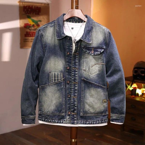 Jaquetas masculinas fazem o velho casaco de cowboy moda transporte motor retro patchwork jaqueta juventude nostálgico casual denim