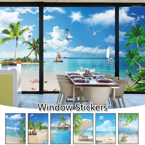 Pencere Çıkartmaları 3D Manzara Gizlilik Windows Film Ev Dekoru Yaz Okyanus Plajı Dikilveli Kapı Cam Gölgelendirme Elektrostatik Buzlu Filmler