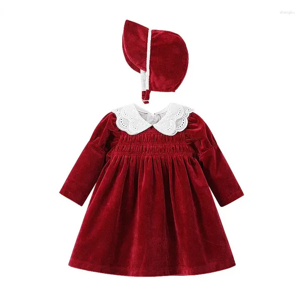 Menina vestidos boutique vestido para bebê veludo bordado festa de aniversário elegante lolita chapéu infantil quente roupas do miúdo inverno combinando