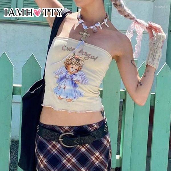 Canotte da donna IAMTY Y2K Angolo con stampa grafica Top a tubo Estetica carina Senza spalline Harajuku Crop Top Design Casual Canotta di base anni 2000