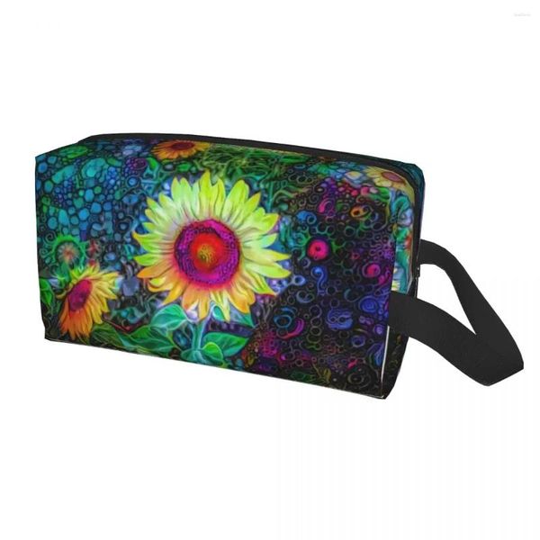 Sacos cosméticos personalizados coloridos girassóis saco de viagem feminino floral flor maquiagem organizador de higiene pessoal senhora beleza armazenamento dopp kit