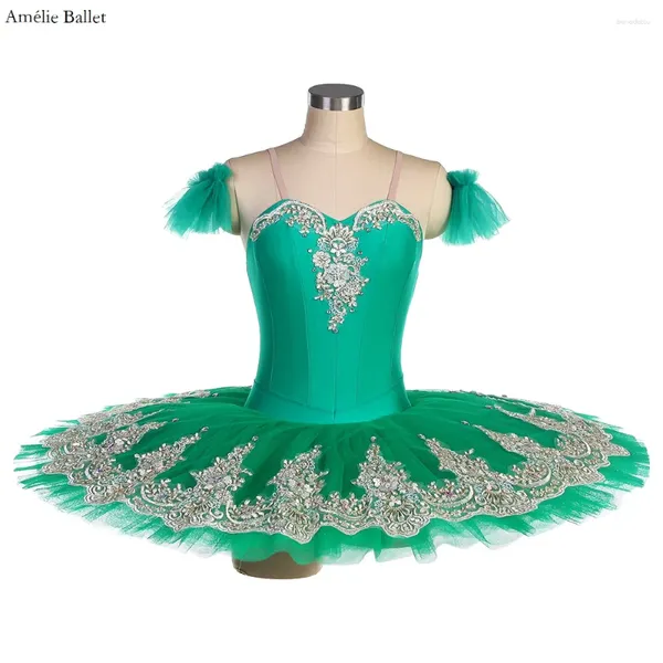 Stage Wear BLL543 Grünes, dehnbares Spandex-Mieder, vorprofessionelles Ballett-Tutu für Mädchen und Frauen, Pfannkuchen