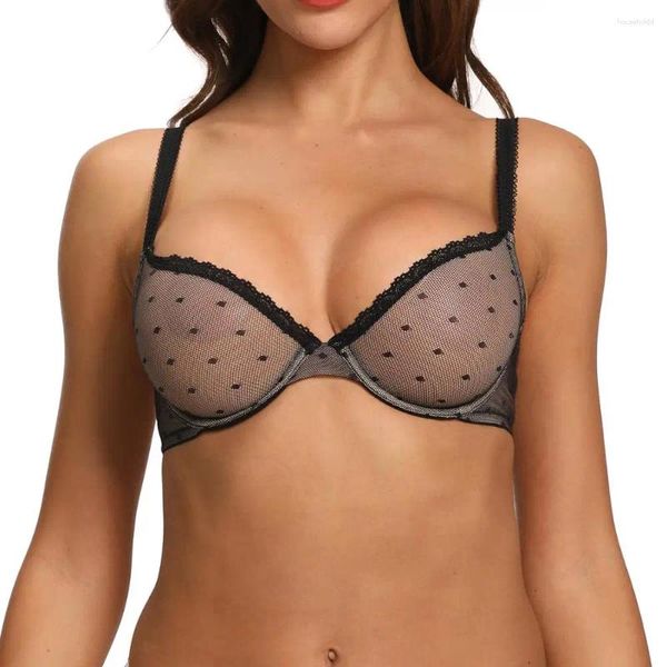 Bras YBCG Mulheres Sutiã Plus Size Lace Malha Hollow Lingerie Ver através de Dot Mergulho Unlined para Grande Copa B C D DD E DDD F