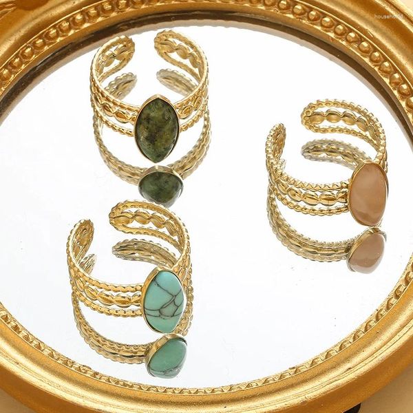 Cluster Ringe Vintage Edelstahl Ring für Frauen Verstellbare Öffnung Elliptischer Naturstein Licht Luxus Hollow Out Modeschmuck