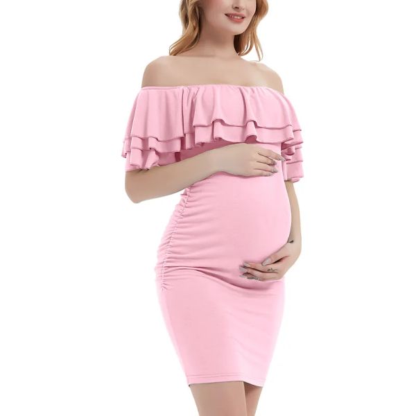 Kleider Schwangerschaft Umstandskleider Fotoshooting Schulterfrei Sommer Babyparty Kleid Rüschen Kleidung für Schwangere Frauen