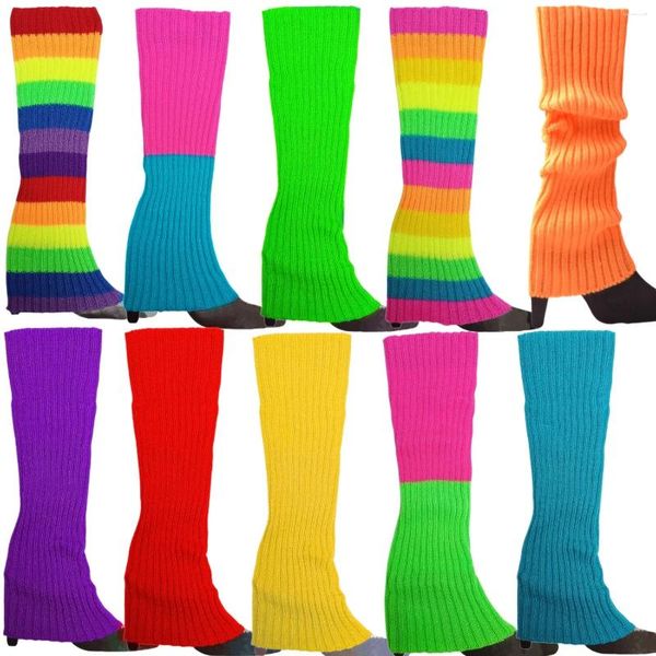 Damensocken 2024 Halloween 80er Neonfarbene gestrickte Beinwärmer Gerippte helle fußlose Socke Punk Schwarz Kniehoch Gothic Hip-Hop Rock