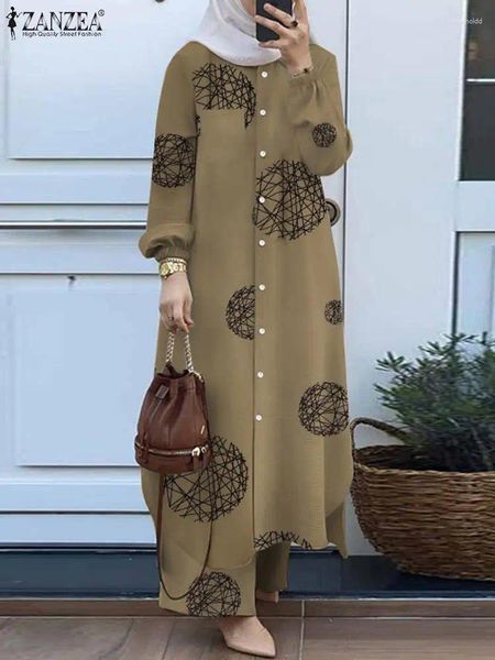 Abbigliamento etnico 2 pezzi pantaloni camicia a maniche lunghe da donna set ZANZEA pantaloni vintage stampati floreali musulmani allentati casual Dubai Turchia Abaya