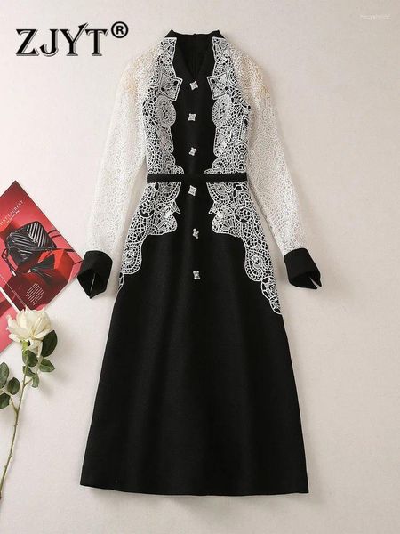 Повседневные платья ZJYT Подиумное дизайнерское полое кружевное лоскутное платье Весна для женщин 2024 с длинным рукавом и вышивкой для вечеринок Vestidos Black