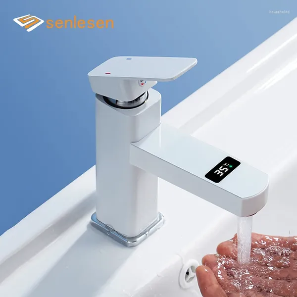Banyo Lavabo muslukları Senlesen Beyaz Dijital Sıcaklık Ekran Havza Musluğu Uzun/ Kısa Güverte Montajlı Soğuk Karıştırıcı Musluk Vinç