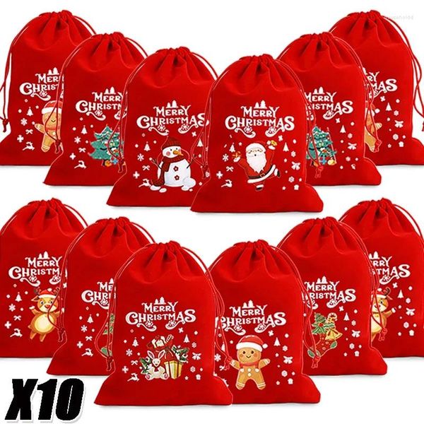 Decorações de natal 10/1 pçs sacos de doces vermelho santa cordão bolsa lanche presentes embrulho organzier casa ano festa saco de embalagem de casamento