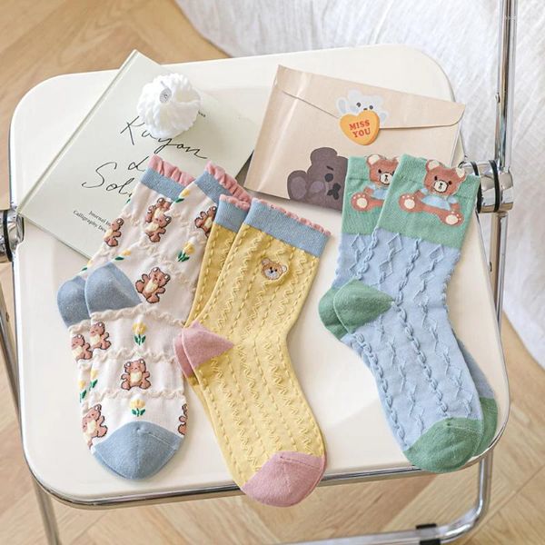 Damen Socken Damen Mid Tube Kawaii Japanische Süßigkeiten Baumwolle Damen Stil Sommer Süße Stickerei Happy Funny Bear Weiß Harajuku Fun