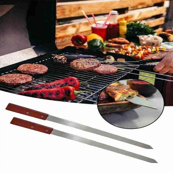 Utensili per barbecue in acciaio Forchette larghe Manico in legno Forchetta per carne per arrostire Accessori per barbecue Bastoni Cucina Spiedo da campeggio brasiliano J9T9