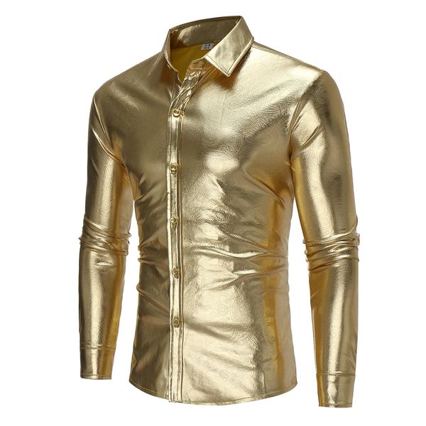 Winter Herbst Männer Leder Hemd Nachtclub Beschichtet Metallic Silber Gold Schwarz Männer Hemd Langarm Button Down Camisa S-XXL 240202