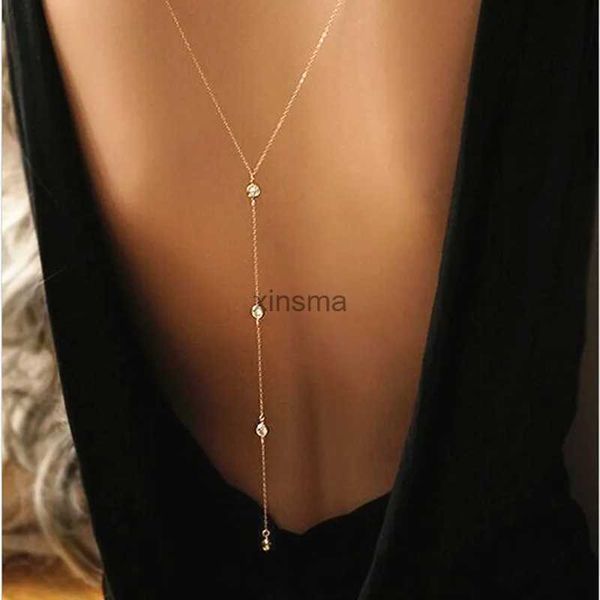 Altri set di gioielli Nuove donne Collana lunga sul retro Corpo Catena sexy Schiena nuda Colore oro Cristallo Strass Collane con pendente Sfondo Gioielli da spiaggia YQ240204