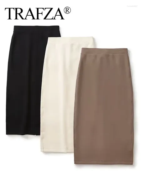 Юбки TRAFZA, летние женские тонкие модные однотонные тонкие юбки-миди с запахом, винтажные повседневные элегантные женские шикарные длинные юбки с высокой талией