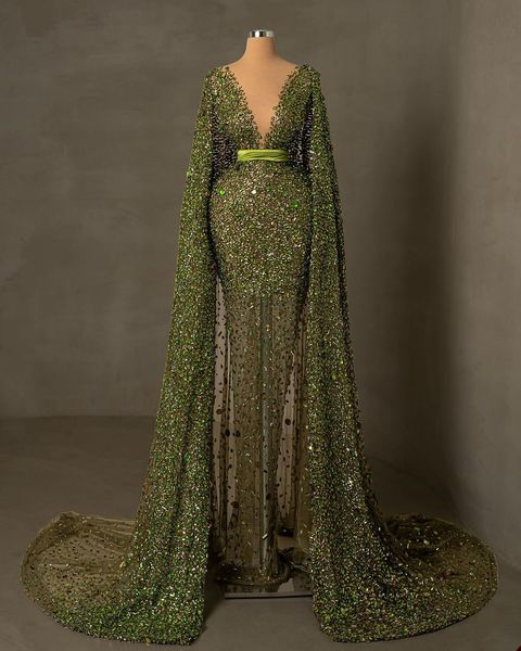 Tamanho personalizado Emerald Luxo Mermaid Vestidos de noite Ilusão Vestidos de deco