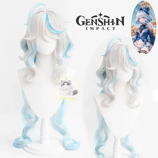 Fontes de festa Genshin Impact Focalors Peruca Cosplay Furina Prata Branco Azul Anime Perucas Sintéticas Resistentes ao Calor