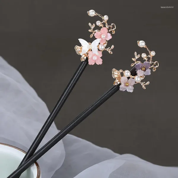 Grampos de cabelo elegantes flores requintadas chinês hanfu vara garfos para mulheres pérola cristal headpiece hairpin pauzinhos festa jóias