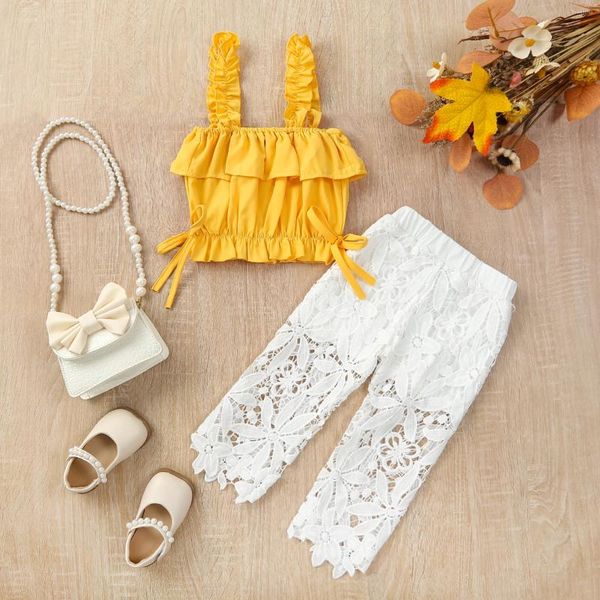 Giyim Setleri Focusnorm 1-6y Moda Küçük Kızlar Yaz Kıyafetleri 2 PCS Kolsuz Düzensiz Fırfır Kaş Işın Dantel Çiçek Pantolon