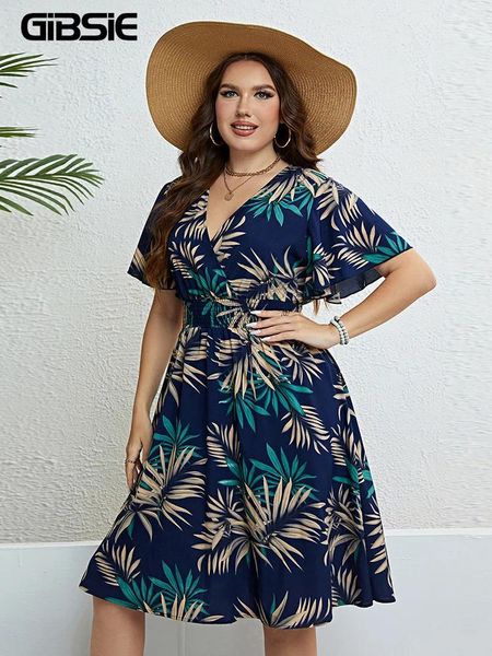 Artı boyutu elbiseler gibsie tropikal baskı v boyun kelebek kol elbisesi kadınlar tatil boho plajı gündelik elastik yaz midi 2024