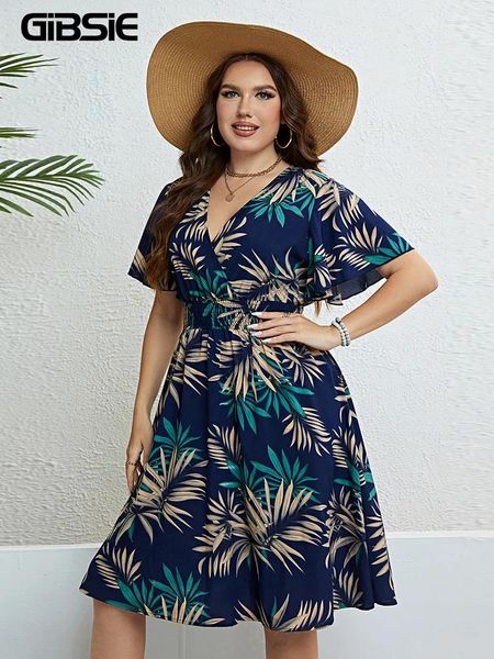 Plus size vestidos gibsie tropical impressão v pescoço manga borboleta vestido feminino férias boho praia casual elástico verão midi 2024