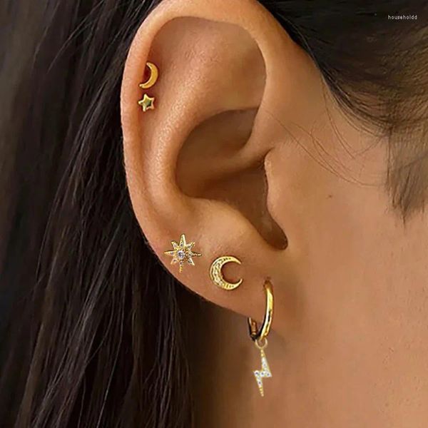 Ohrstecker 1 STÜCK Flache Ohrläppchen Piercing Stern Mond Blitz Ohrring Für Frauen Gold Farbe Stapeln Passende Helix Tragus Mode Körper