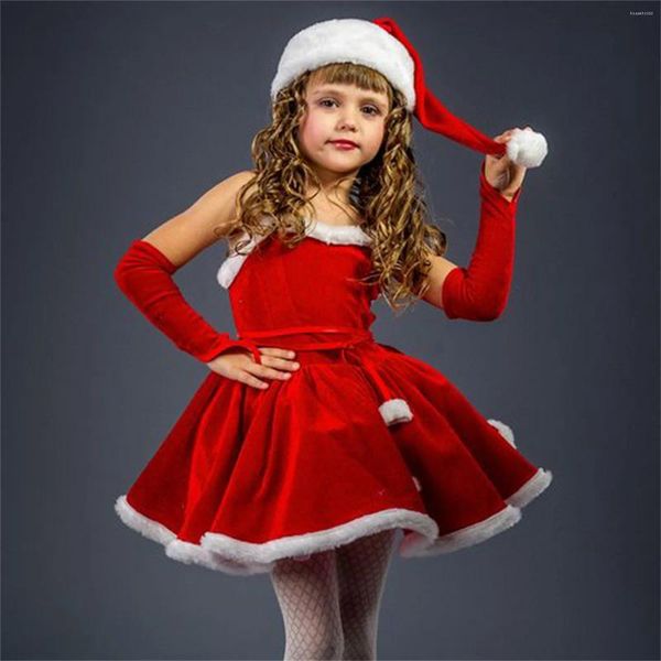 Платья для девочек, одежда для малышей, рождественский костюм Санты для девочек, платье без рукавов с поясом, комплект перчаток, шляпа, детская одежда, зимняя одежда