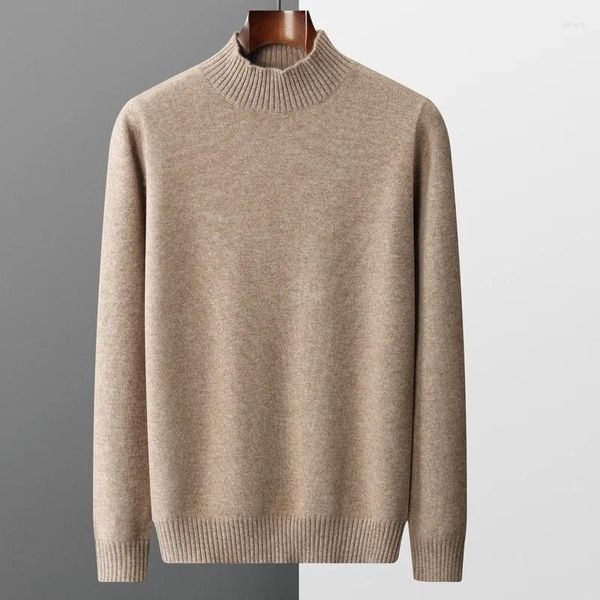 Camisolas masculinas 100 Pure Cashmere Sweater Men Half-High Neck Redondo Espessado Outono Inverno Cor Sólida Pulôver Lã Solta Malha Manga Longa